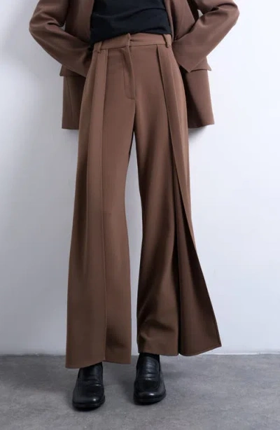 Topshop Pleated Volume Wide Leg Pants In Brown
