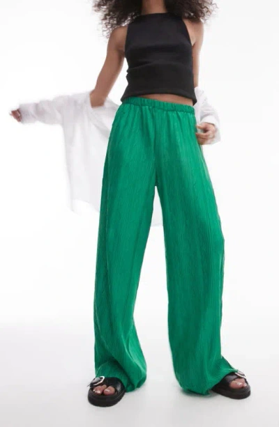 Topshop Plissé Pull-on Wide Leg Pants In Mid Green