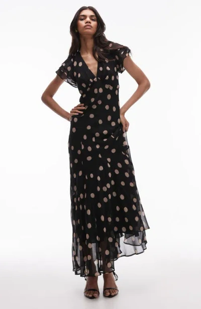 Topshop Occasion Lace Up Back Maxi Dress In Blush Pink Polka Dot-black