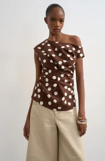 Topshop Polka Dot Print Off The Shoulder Top In Brown