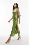 Topshop Polka Dot Twist Front Satin Midi Dress In Mid Green