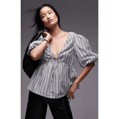 Topshop Poplin Puff Sleeve Top In Black