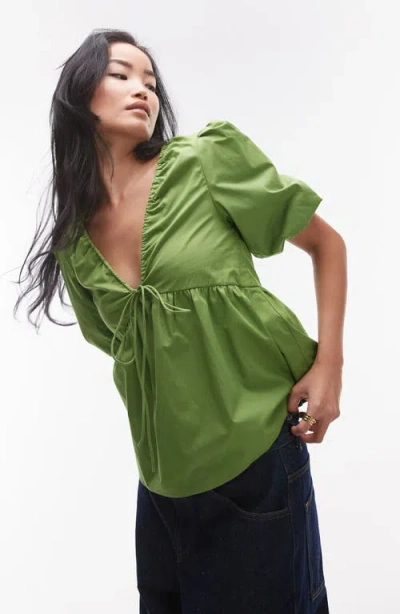 Topshop Poplin Puff Sleeve Top In Green