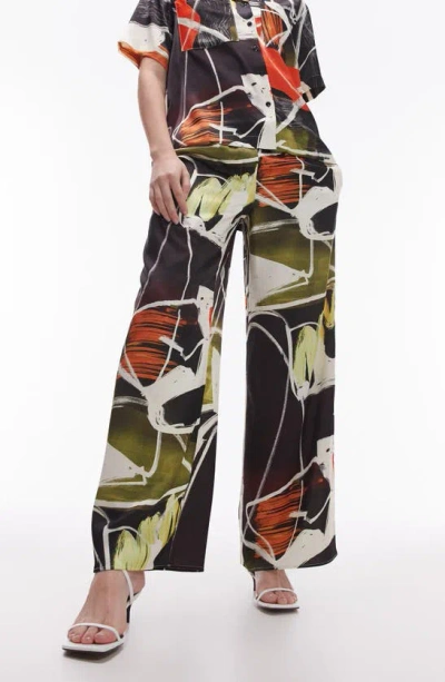 Topshop Print Pull-on Wide Leg Pants In Black