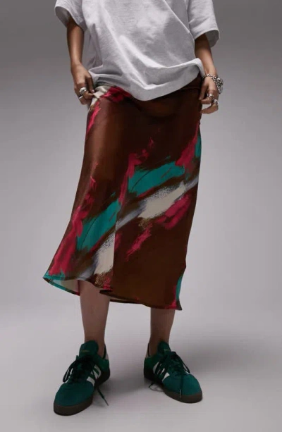 Topshop Printed Satin Midi Skirt In Brown Multi