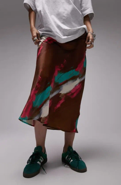 Topshop Printed Satin Midi Skirt In Brown Multi ModeSens