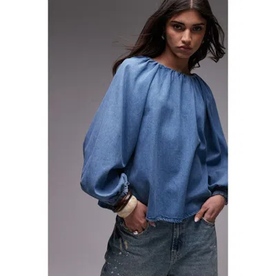 Topshop Denim Puff Sleeve Top With Bow Tie In Blue