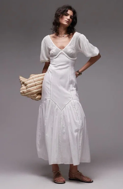 Topshop Puff Sleeve Mixed Media Maxi Sundress In White