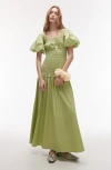 Topshop Puff Sleeve Smocked Drop-waist Cotton Maxi Dress In Light Green