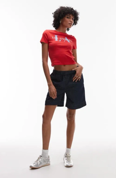 Topshop Pull On Denim Shorts In Blue