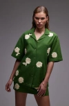 Topshop Raffia Flower Button-up Resort Shirt In Green
