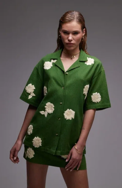 Topshop Raffia Flower Button-up Resort Shirt In Green