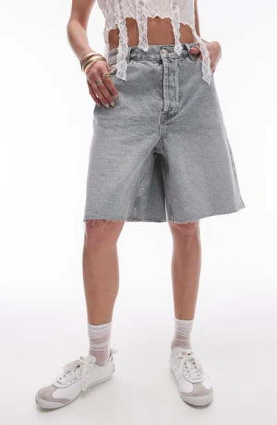 Topshop Raw Hem Loose Fit Denim Shorts In Grey