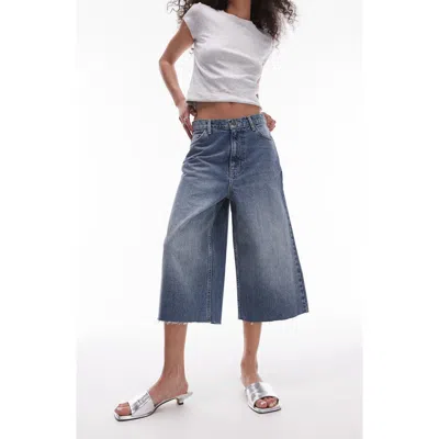 Topshop Raw Hem Low Rise Capri Wide Leg Jeans In Mid Blue