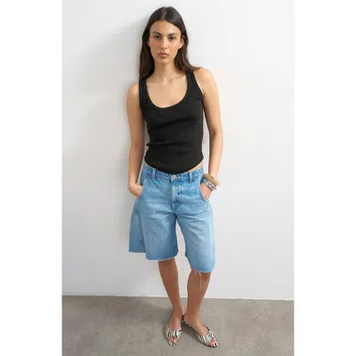Topshop Rib Curved Hem Stretch Cotton Tank In Black