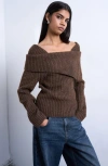Topshop Ribbed Off The Shoulder Sweater In Brown