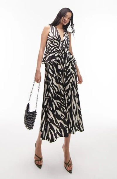 Topshop Riviera Zebra Ruffle Midi Dress In Black Multi