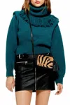 Topshop Rock It Fringe Turtleneck Cropped Sweater In Green In Green