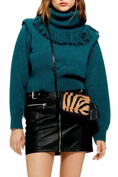Topshop Rock It Fringe Turtleneck Cropped Sweater In Green