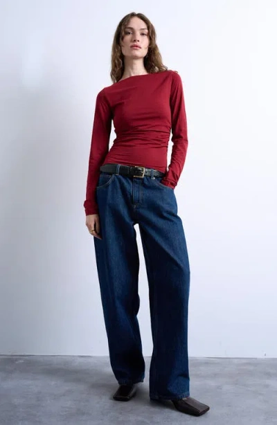 Topshop Ruched Bateau Neck Top In Red