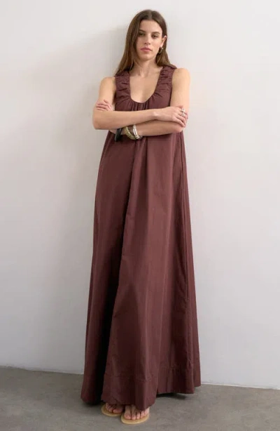 Topshop Ruched Cotton Poplin Maxi Dress In Brown