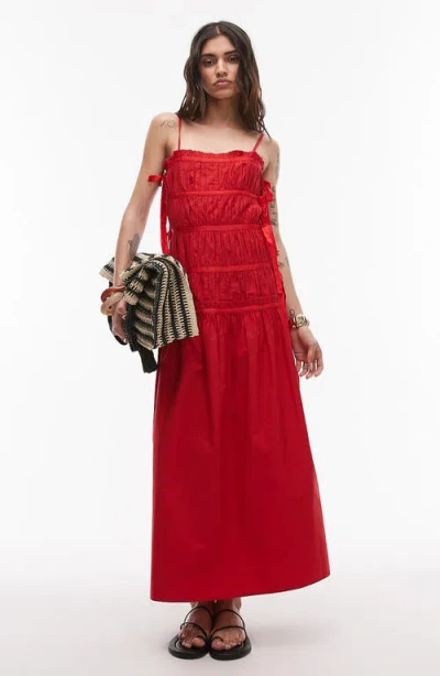 Topshop Ruched Cotton Poplin Midi Dress In Red