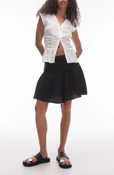 Topshop Ruched Drop Waist Cotton Miniskirt In Black