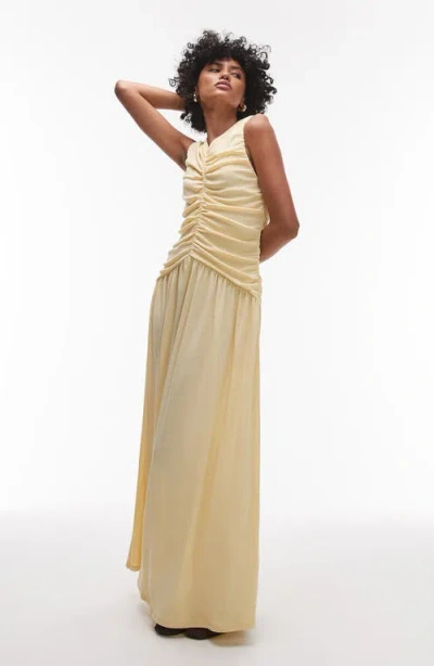 Topshop Ruched Drop Waist Maxi Dress In Yellow