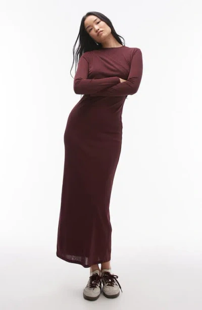 Topshop Ruched Long Sleeve Dress In Burgundy