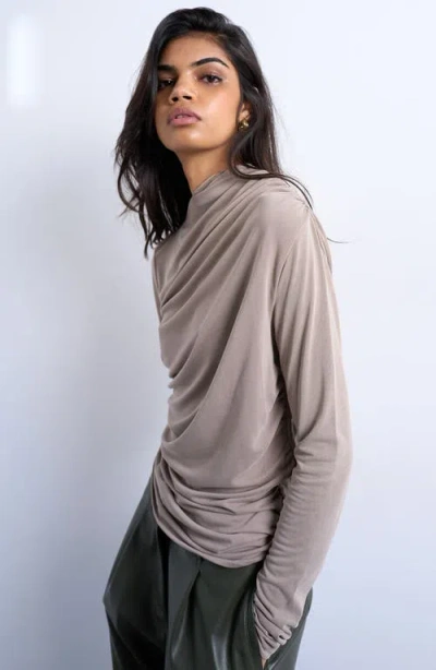 Topshop Cupro Ruched Long Sleeve Top In Gray