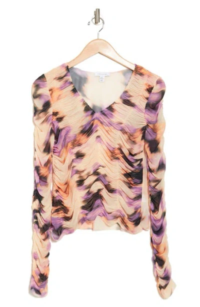 Topshop Ruched Mesh Long Sleeve Top In Multi