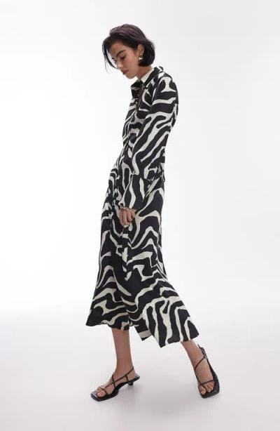 Topshop Ruched Side Long Sleeve Midi Shirtdress In Black/white
