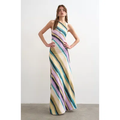 Topshop Ruched Stripe Sleeveless Maxi Dress In Purple