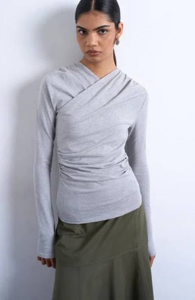 Topshop Ruched Wrap Long Sleeve Top In Gray