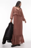 Topshop Ruffle Long Sleeve Chiffon Maxi Dress In Brown