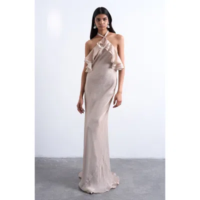 Topshop Frill Halter Neck Maxi Dress In Neutral