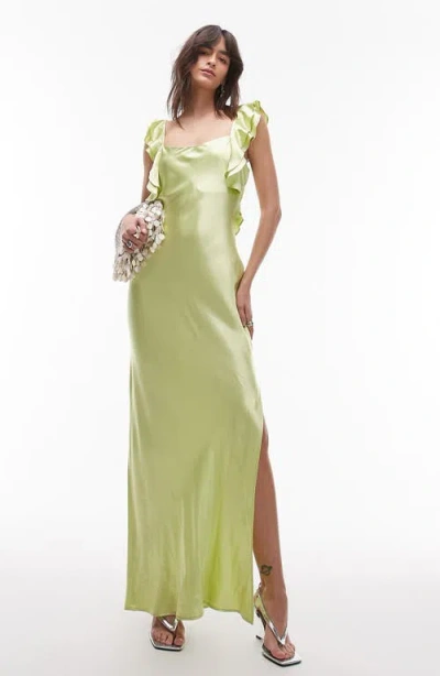 Topshop Ruffle Satin Maxi Cocktail Slipdress In Green