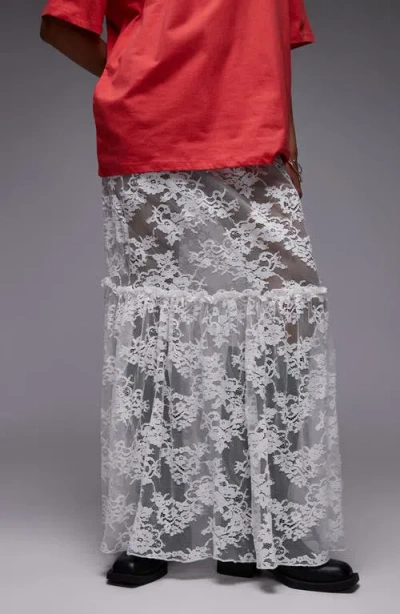 Topshop Ruffle Seam Sheer Lace Maxi Skirt In Ivory