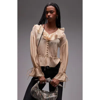 Topshop Sheer Ruffle Tie Front Top In Neutral