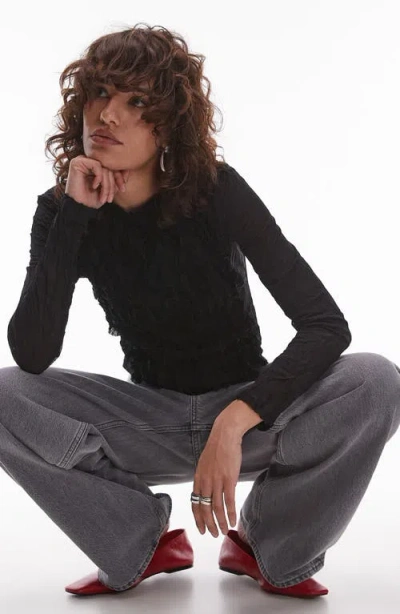Topshop Ruffle Trim Long Sleeve Semisheer Top In Black