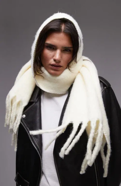 Topshop Saint Hooded Fringe Trim Blanket Scarf In Cream