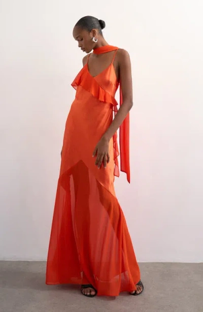 Topshop Satin & Chiffon Ruffle Maxi Slipdress In Orange