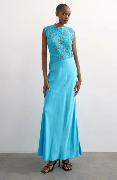 Topshop Satin & Lace Maxi Dress In Blue