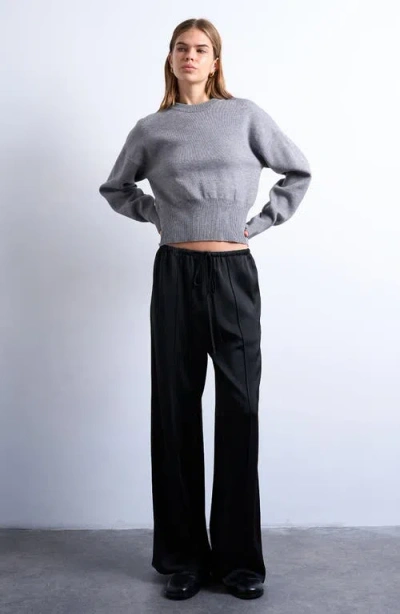Topshop Satin Drawstring Wide Leg Pants In Black