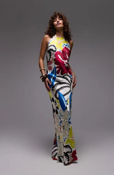 Topshop Satin Halter Maxi Dress In Multi