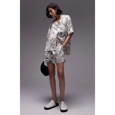 Topshop Satin Printed Shell Shorts In Ecru - Part Of A Set-white