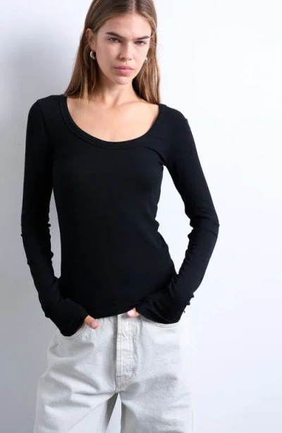 Topshop Premium Rib Long Sleeve Wide Scoop Neck Top In Black