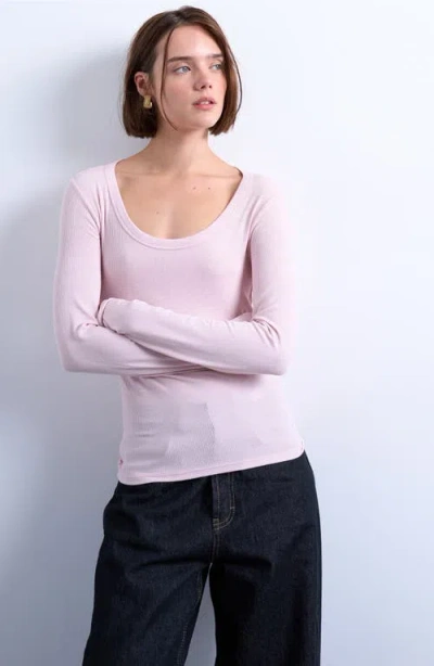 Topshop Premium Ribbed Long Sleeve Wide Scoop Neck Top In Pink