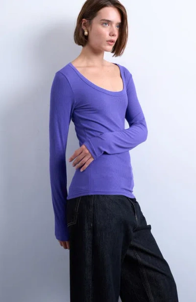 Topshop Premium Ribbed Long Sleeve Wide Scoop Neck Top In Multi