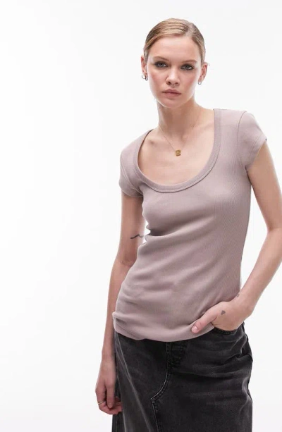 Topshop Ribbed Scoop Neck Cap Sleeve Top In Washed Rose-gray In Grey
